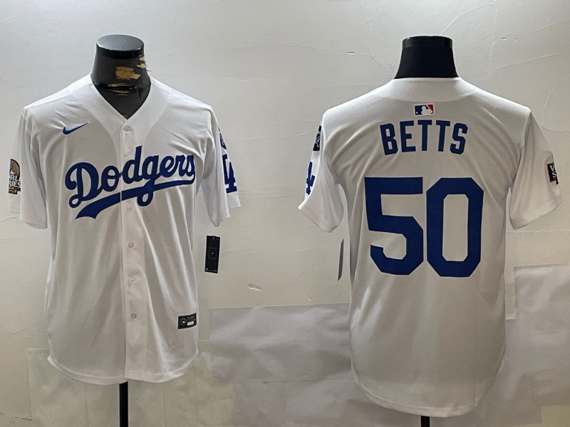 Men's Los Angeles Dodgers #50 Mookie Betts White 2024 World Series With Fernando Memorial Patch Limited Stitched Baseball Jerseys