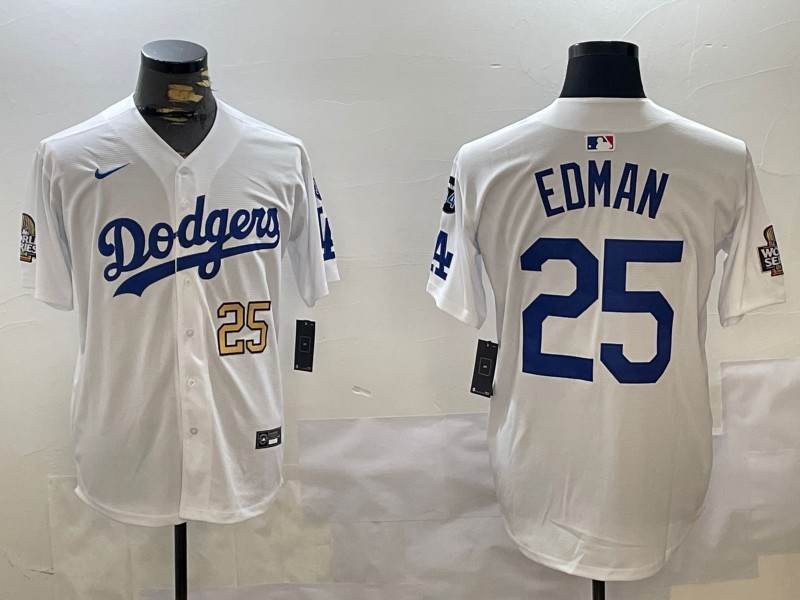 Men's Los Angeles Dodgers #25 Tommy Edman White 2024 World Series With Fernando Memorial Patch Limited Stitched Baseball Jersey 03