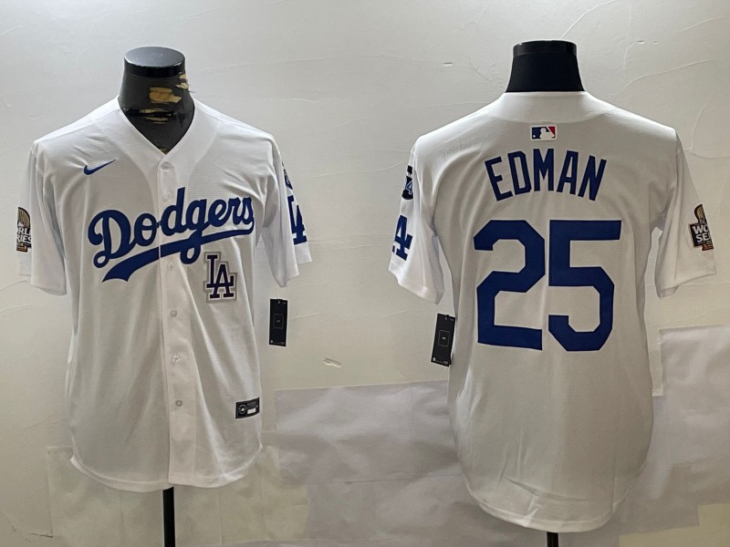 Men's Los Angeles Dodgers #25 Tommy Edman White 2024 World Series With Fernando Memorial Patch Limited Stitched Baseball Jersey 04