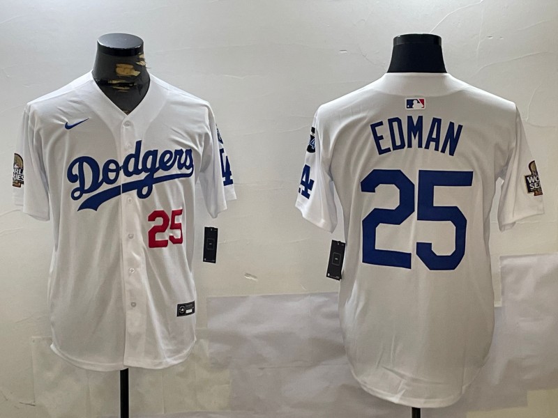 Men's Los Angeles Dodgers #25 Tommy Edman White 2024 World Series With Fernando Memorial Patch Limited Stitched Baseball Jersey