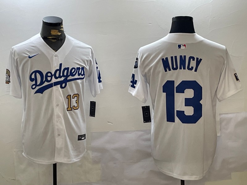 Men's Los Angeles Dodgers #13 Max Muncy White 2024 World Series With Fernando Memorial Patch Limited Stitched Baseball Jersey 04