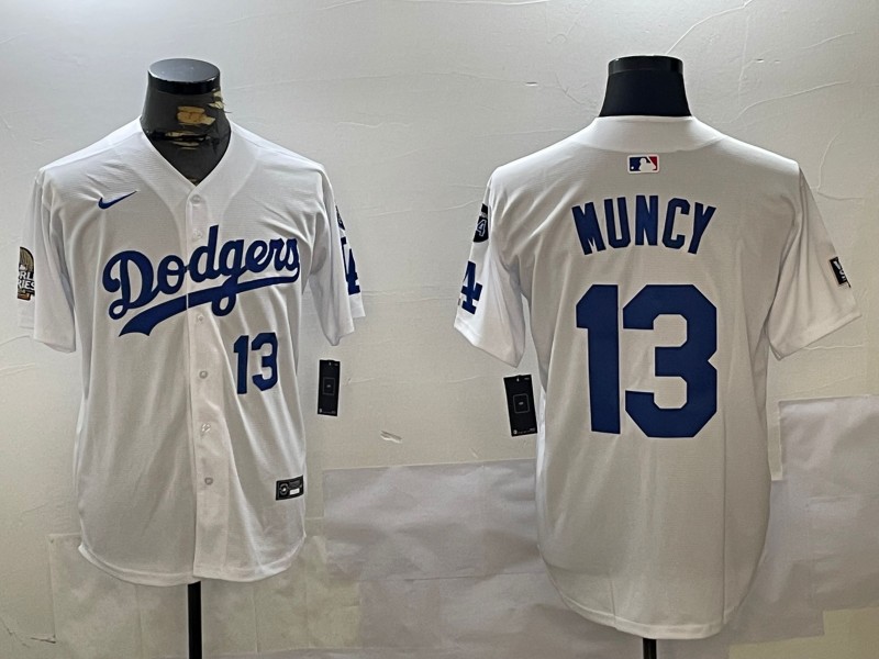 Men's Los Angeles Dodgers #13 Max Muncy White 2024 World Series With Fernando Memorial Patch Limited Stitched Baseball Jersey 03