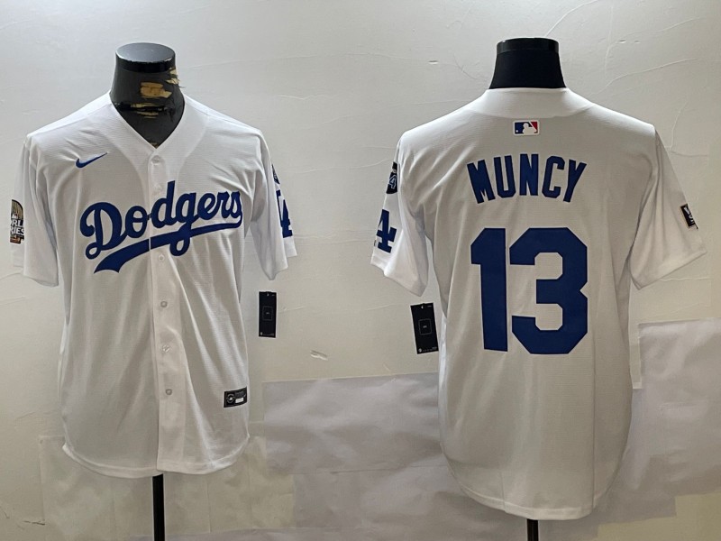 Men's Los Angeles Dodgers #13 Max Muncy White 2024 World Series With Fernando Memorial Patch Limited Stitched Baseball Jerseys