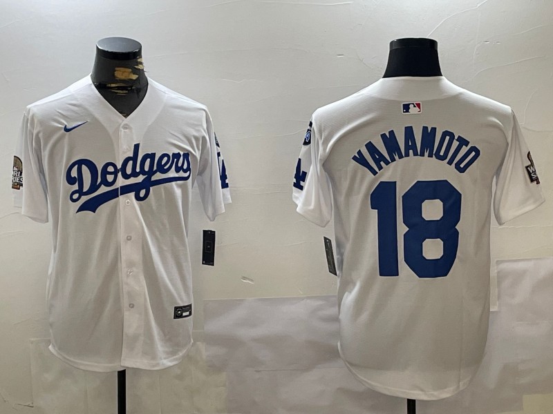 Men's Los Angeles Dodgers #18 Yoshinobu Yamamoto White 2024 World Series With Fernando Memorial Patch Limited Stitched Baseball Jerseys