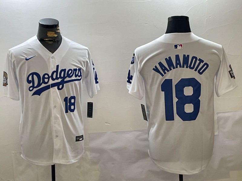 Men's Los Angeles Dodgers #18 Yoshinobu Yamamoto White 2024 World Series With Fernando Memorial Patch Limited Stitched Baseball Jersey 03