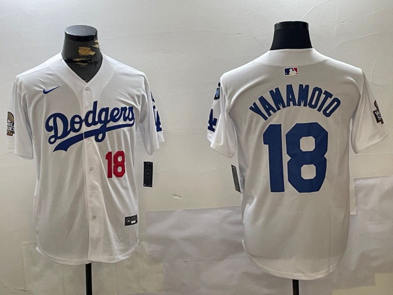 Men's Los Angeles Dodgers #18 Yoshinobu Yamamoto White 2024 World Series With Fernando Memorial Patch Limited Stitched Baseball Jersey