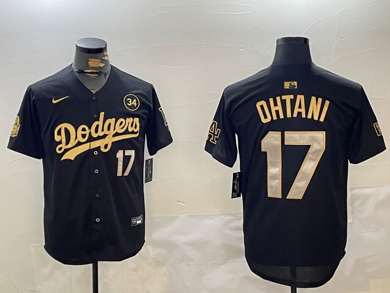 Men's Los Angeles Dodgers #17 Shohei Ohtani Black Gold 2024 World Series With Fernando Memorial Patch Limited Stitched Baseball Jersey