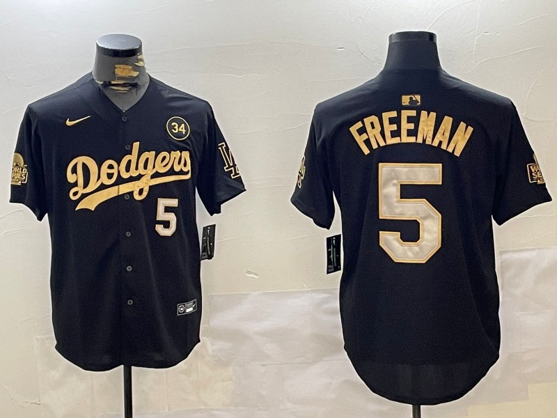 Men's Los Angeles Dodgers #5 Freddie Freeman Black Gold 2024 World Series With Fernando Memorial Patch Limited Stitched Baseball Jersey