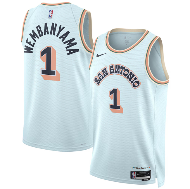 Men's San Antonio Spurs #1 Victor Wembanyama Light Blue 2024-25 City Edition Stitched Basketball Jersey