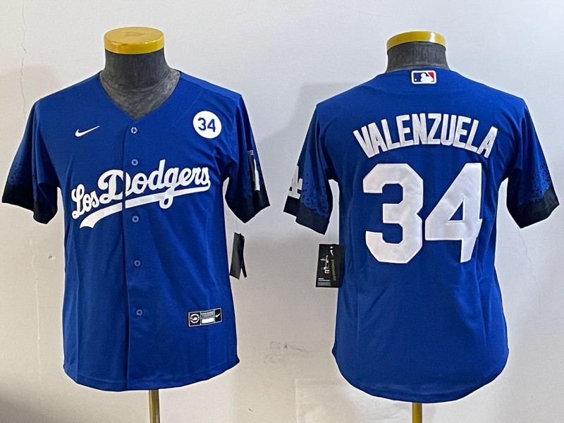 Youth Los Angeles Dodgers #34 Fernando Valenzuela Royal City Connect With Fernando Memorial Patch Limited Stitched Baseball Jersey