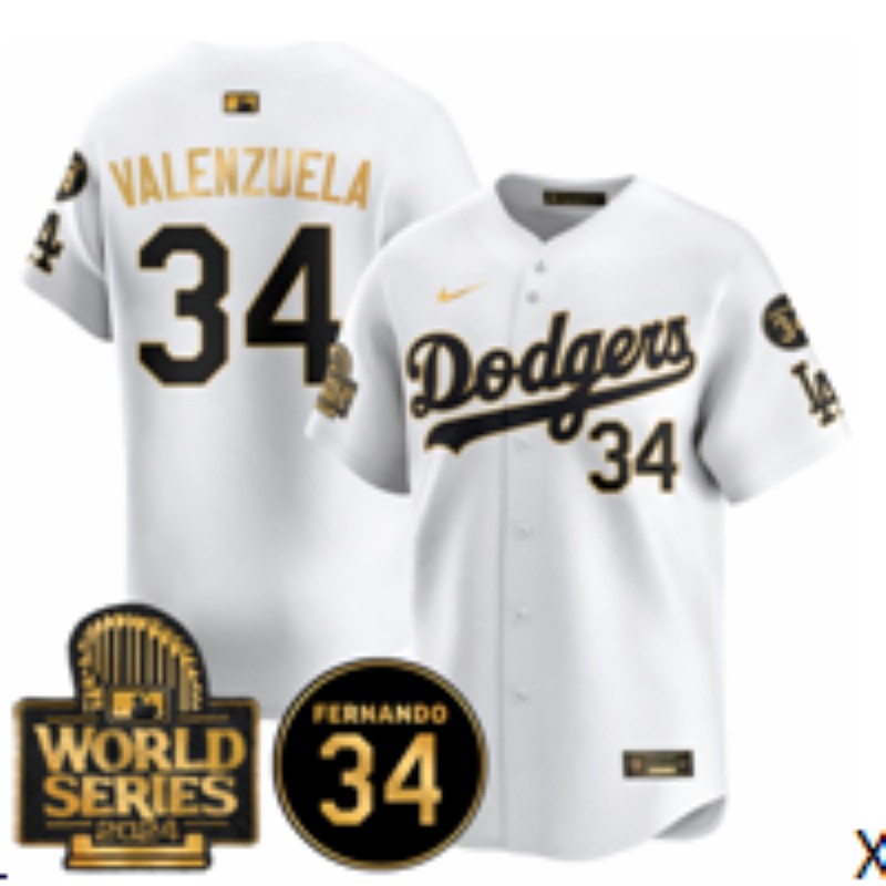 Women's Los Angeles Dodgers #34 Fernando Valenzuela White Gold 2024 World Series With Fernando Memorial Patch Limited Stitched Baseball Jersey