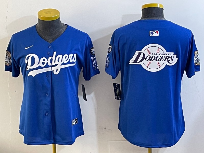 Women's Los Angeles Dodgers Blank Royal Big Logo 2024 World Series With Fernando Memorial Patch Limited Stitched Baseball Jersey 02