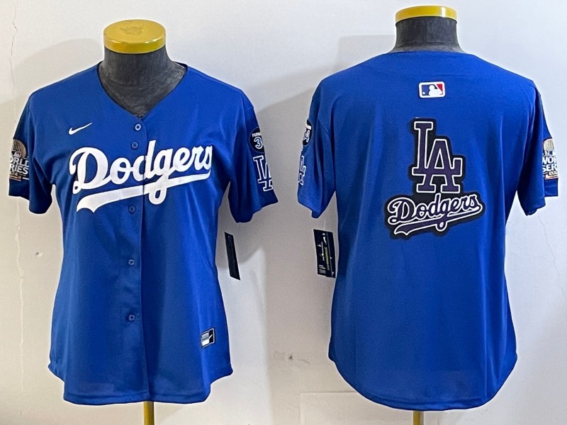 Women's Los Angeles Dodgers Blank Royal Big Logo 2024 World Series With Fernando Memorial Patch Limited Stitched Baseball Jersey 01