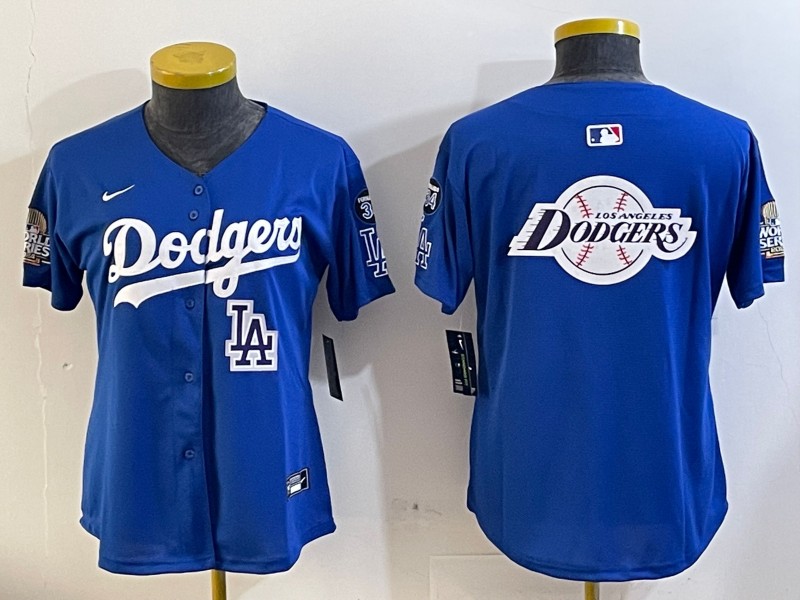 Women's Los Angeles Dodgers Blank Royal Big Logo 2024 World Series With Fernando Memorial Patch Limited Stitched Baseball Jerseys 02