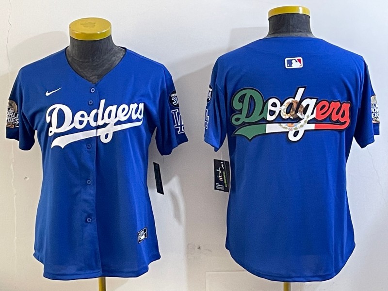 Women's Los Angeles Dodgers Blank Royal Big Logo 2024 World Series With Fernando Memorial Patch Limited Stitched Baseball Jersey 03