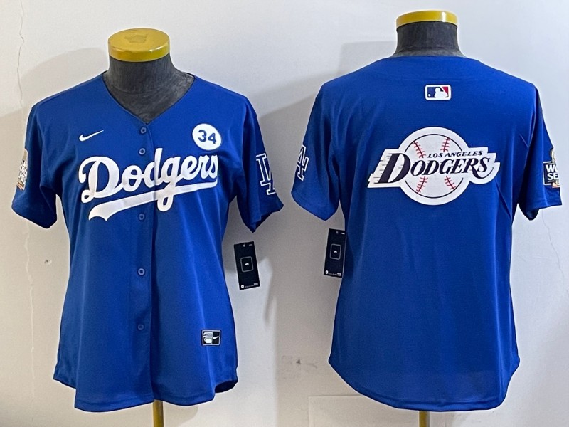 Women's Los Angeles Dodgers Blank Royal Big Logo City Connect With Fernando Memorial Patch Limited Stitched Baseball Jersey 03