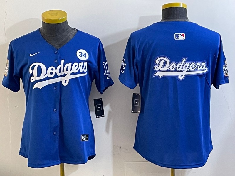 Women's Los Angeles Dodgers Blank Royal Big Logo City Connect With Fernando Memorial Patch Limited Stitched Baseball Jersey 02