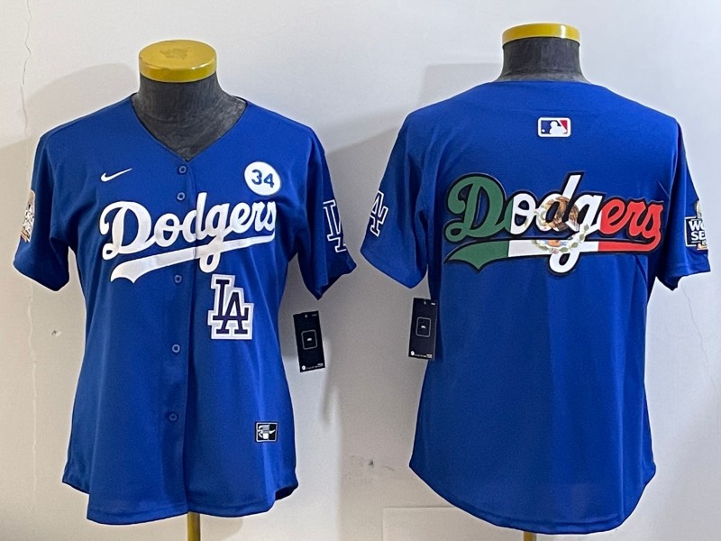 Women's Los Angeles Dodgers Blank Royal Big Logo City Connect With Fernando Memorial Patch Limited Stitched Baseball Jersey 04