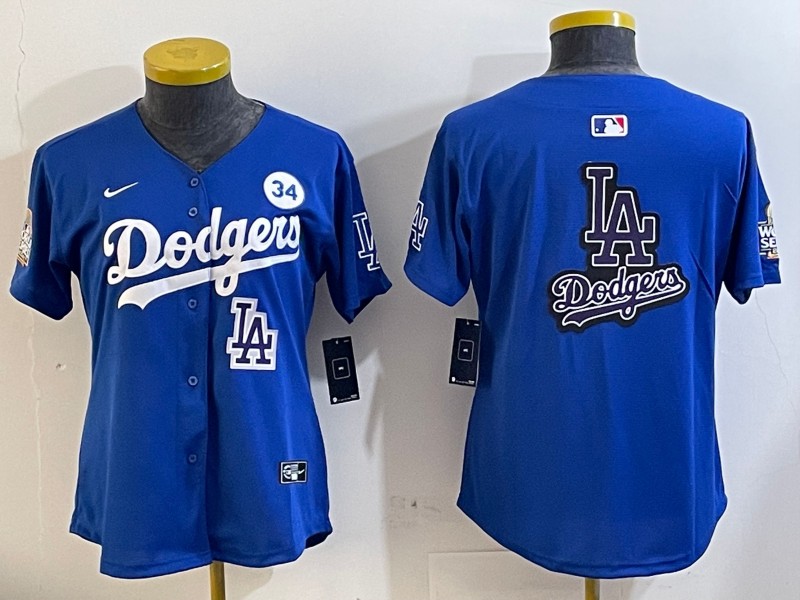 Women's Los Angeles Dodgers Blank Royal Big Logo City Connect With Fernando Memorial Patch Limited Stitched Baseball Jerseys 01