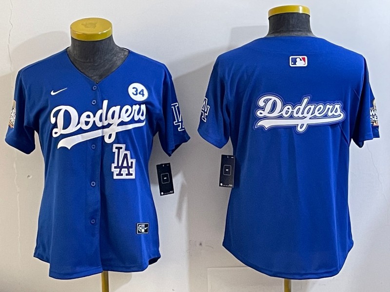 Women's Los Angeles Dodgers Blank Royal Big Logo City Connect With Fernando Memorial Patch Limited Stitched Baseball Jerseys 02