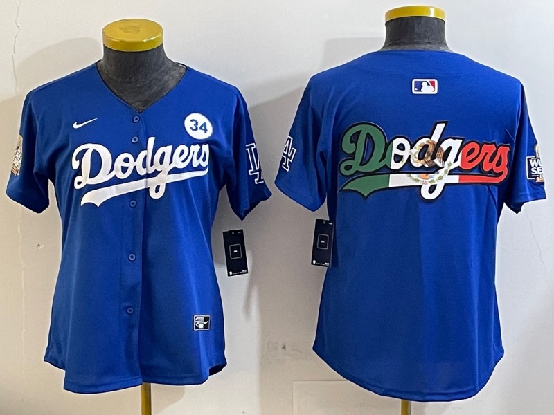 Women's Los Angeles Dodgers Blank Royal Big Logo City Connect With Fernando Memorial Patch Limited Stitched Baseball Jerseys 04