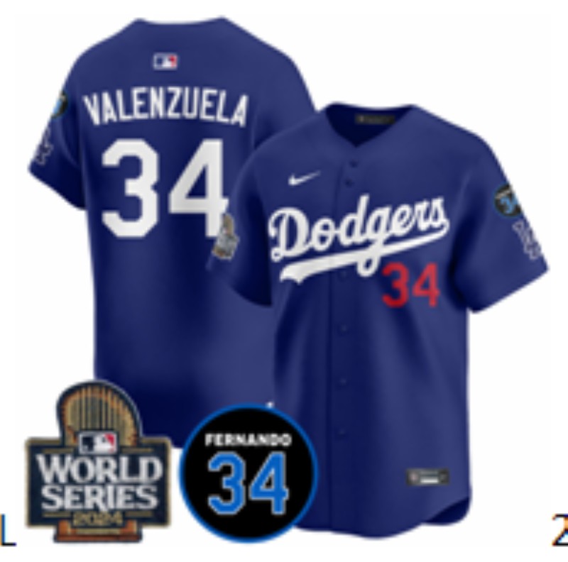 Men's Los Angeles Dodgers #34 Fernando Valenzuela Royal 2024 World Series With Fernando Memorial Patch Alternate Limited Stitched Baseball Jersey