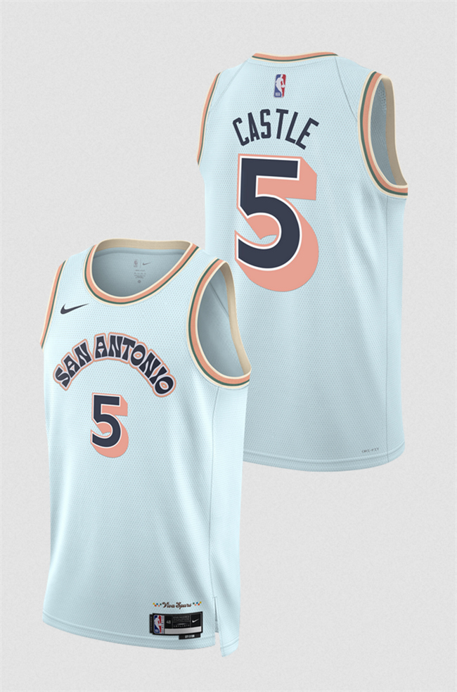 Men's San Antonio Spurs #5 Stephon Castle Light Blue 2024_25 City Edition Stitched Basketball Jersey