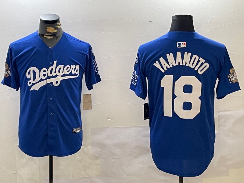 Men's Los Angeles Dodgers #18 Yoshinobu Yamamoto Royal 2024 World Series With Fernando Memorial Patch Limited Stitched Baseball Jerseys