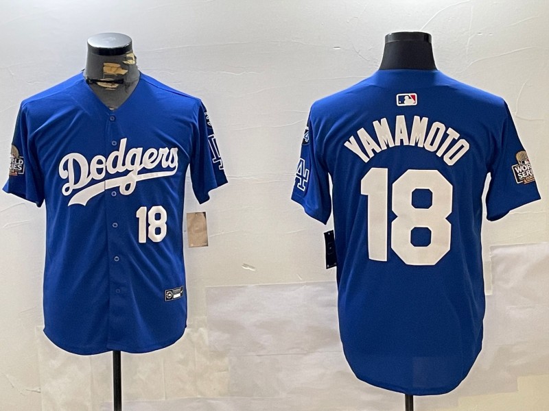 Men's Los Angeles Dodgers #18 Yoshinobu Yamamoto Royal Number 2024 World Series With Fernando Memorial Patch Limited Stitched Baseball Jersey