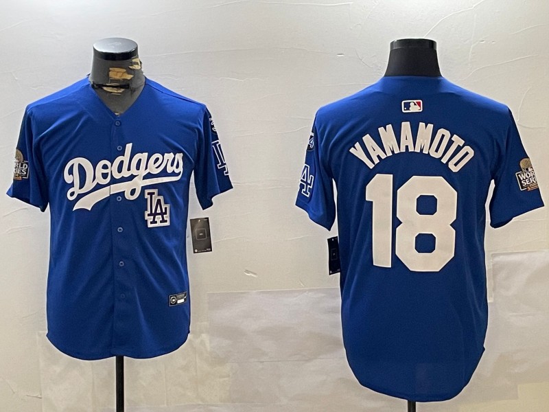 Men's Los Angeles Dodgers #18 Yoshinobu Yamamoto Royal LA 2024 World Series With Fernando Memorial Patch Limited Stitched Baseball Jersey