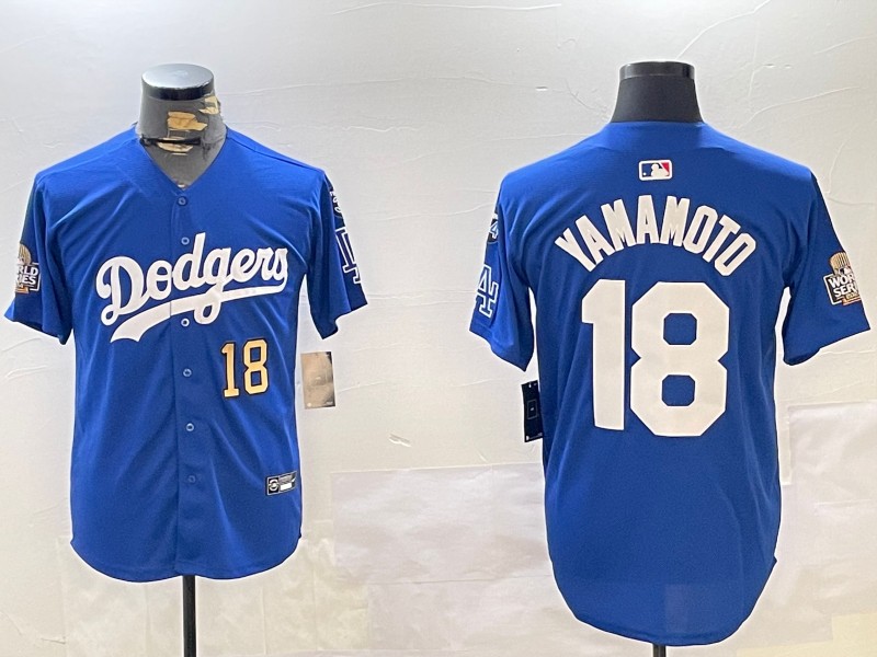 Men's Los Angeles Dodgers #18 Yoshinobu Yamamoto Royal Number 2024 World Series With Fernando Memorial Patch Limited Stitched Baseball Jerseys