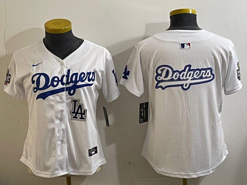 Women's Los Angeles Dodgers Blank White LA 2024 World Series Big Team Logo Limited Stitched Baseball Jersey