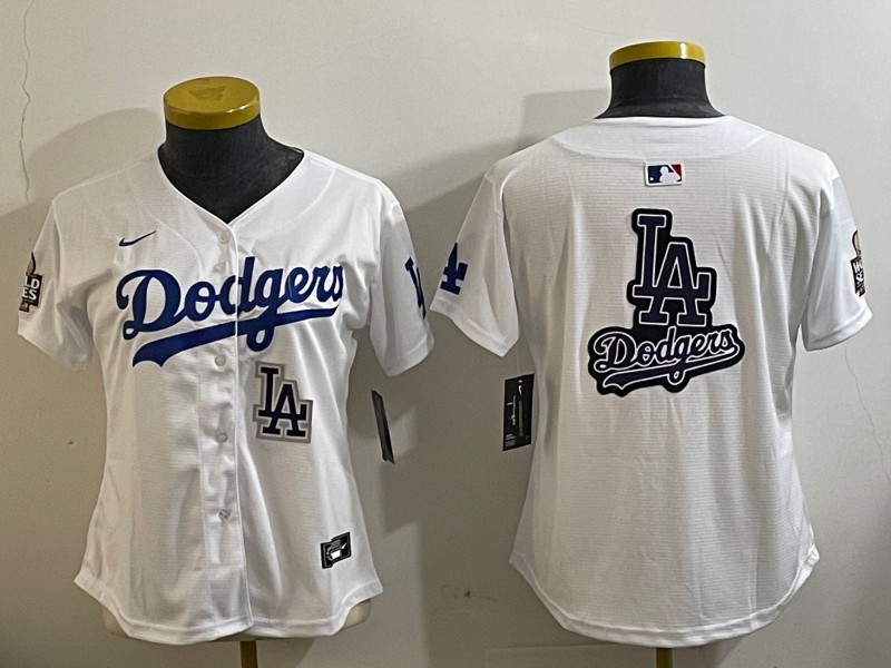 Women's Los Angeles Dodgers Blank White LA 2024 World Series Big Team Logo Limited Nike Stitched MLB Jersey