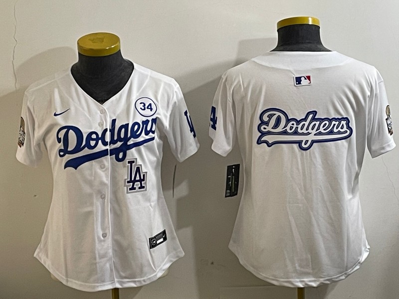 Women's Los Angeles Dodgers Blank White LA 2024 World Series With No. 34 Patch Big Team Logo Limited Stitched MLB Jersey