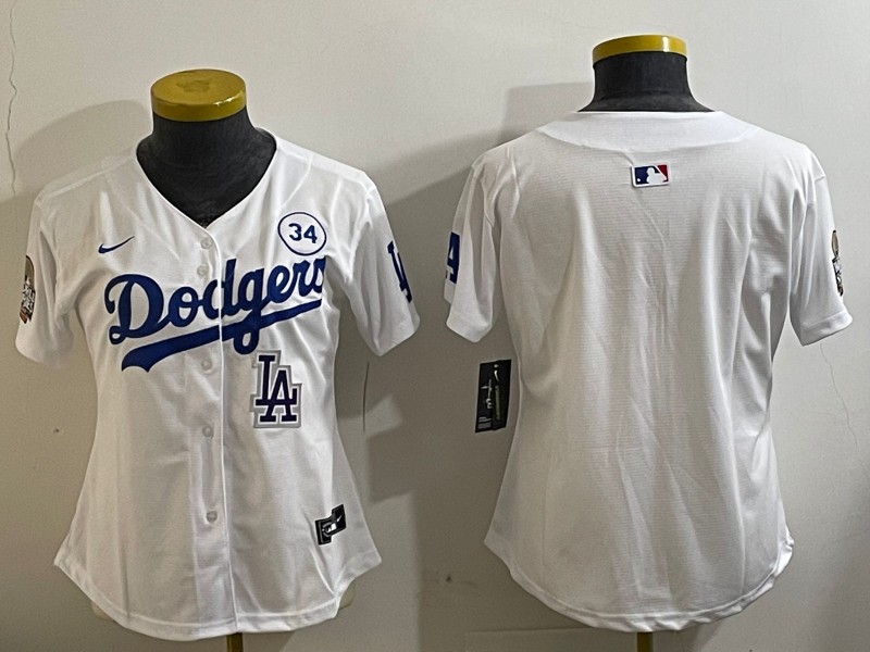 Women's Los Angeles Dodgers Blank White LA 2024 World Series With No. 34 Patch Limited Stitched Baseball Jersey