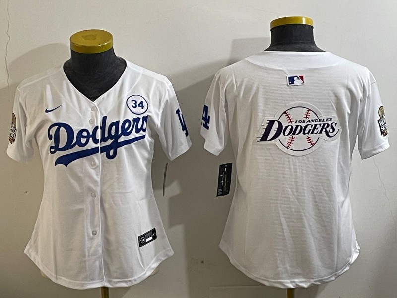 Women's Los Angeles Dodgers Blank White 2024 World Series With No. 34 Patch Big Team Logo Limited Stitched Baseball Jersey