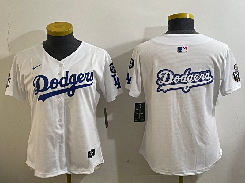 Women's Los Angeles Dodgers Blank White 2024 World Series With Fernando Memorial Patch Big Team Logo Limited Stitched MLB Jersey