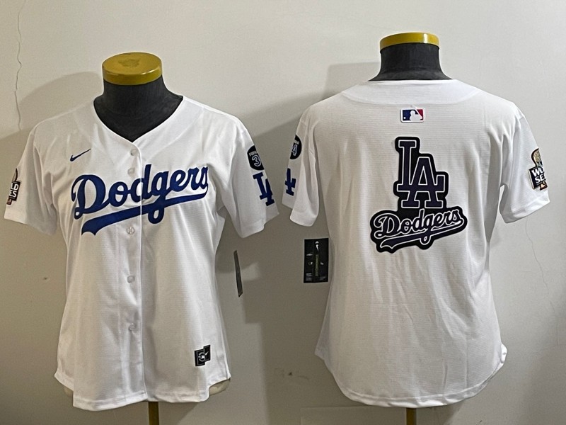 Women's Los Angeles Dodgers Blank White 2024 World Series With Fernando Memorial Patch Big Team Logo Limited MLB Stitched Jersey