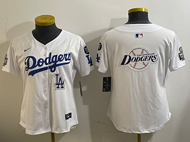 Women's Los Angeles Dodgers Blank White LA 2024 World Series With Fernando Memorial Patch Big Team Logo Limited Stitched Baseball Jersey