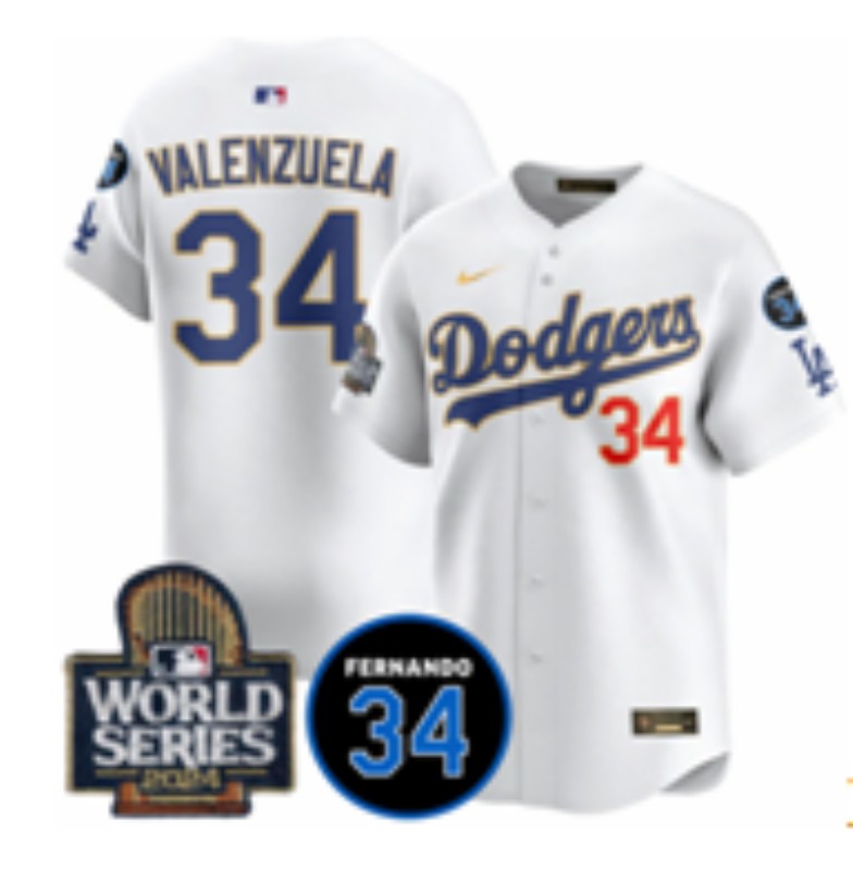 Men's Los Angeles Dodgers #34 Fernando Valenzuela White Gold 2024 World Series With Fernando Memorial Patch Nike Limited Stitched MLB Jersey