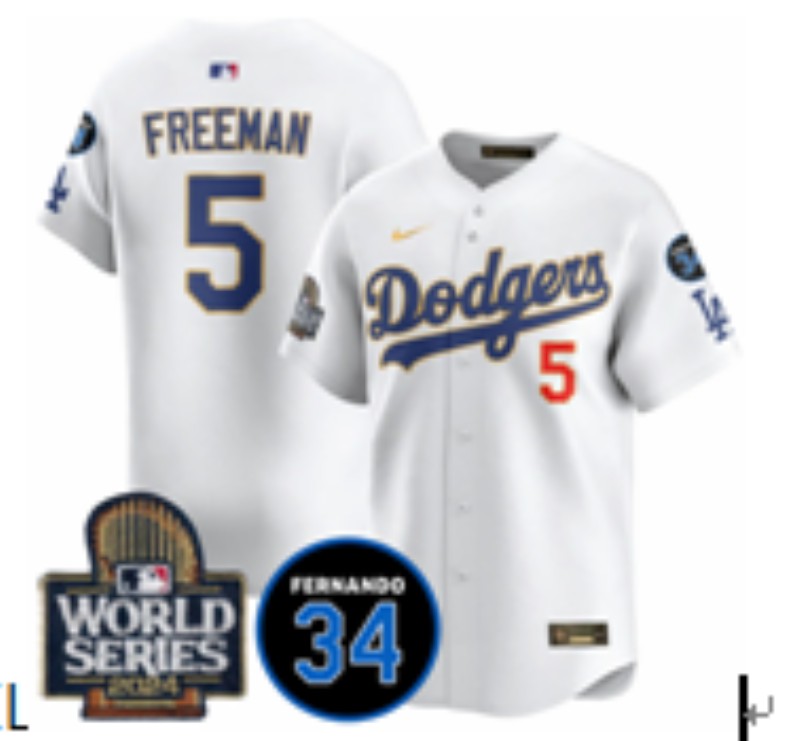 Men's Los Angeles Dodgers #5 Freddie Freeman White Gold 2024 World Series With Fernando Memorial Patch Nike Limited Stitched MLB Jersey