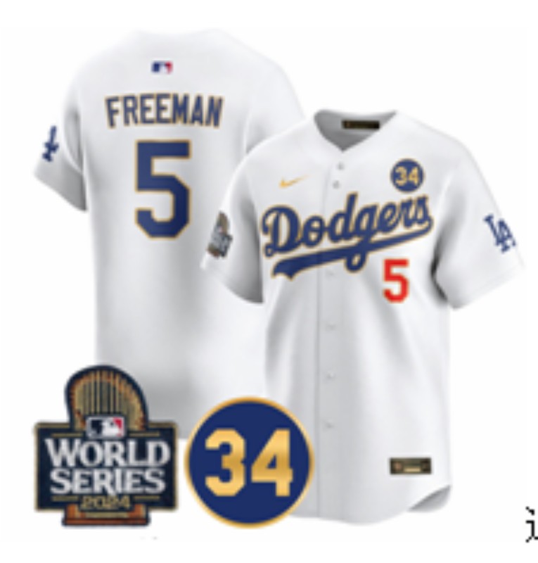 Men's Los Angeles Dodgers #5 Freddie Freeman White Gold 2024 World Series With NO. 34 Patch Nike Limited Stitched MLB Jersey