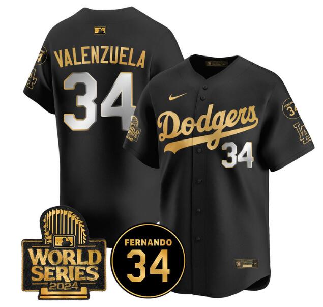 Women's Los Angeles Dodgers #34 Fernando Valenzuela Black Gold 2024 World Series With Fernando Memorial Patch Limited Stitched Baseball Jersey