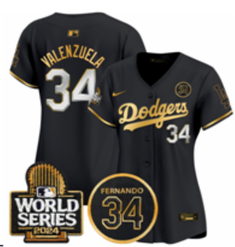 Women's Los Angeles Dodgers #34 Fernando Valenzuela Black Gold 2024 World Series With Fernando Memorial Patch Limited Stitched Baseball Jersey