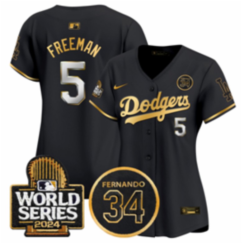 Women's Los Angeles Dodgers #5 Freddie Freeman Black Gold 2024 World Series With Fernando Memorial Patch Limited Stitched Baseball Jersey