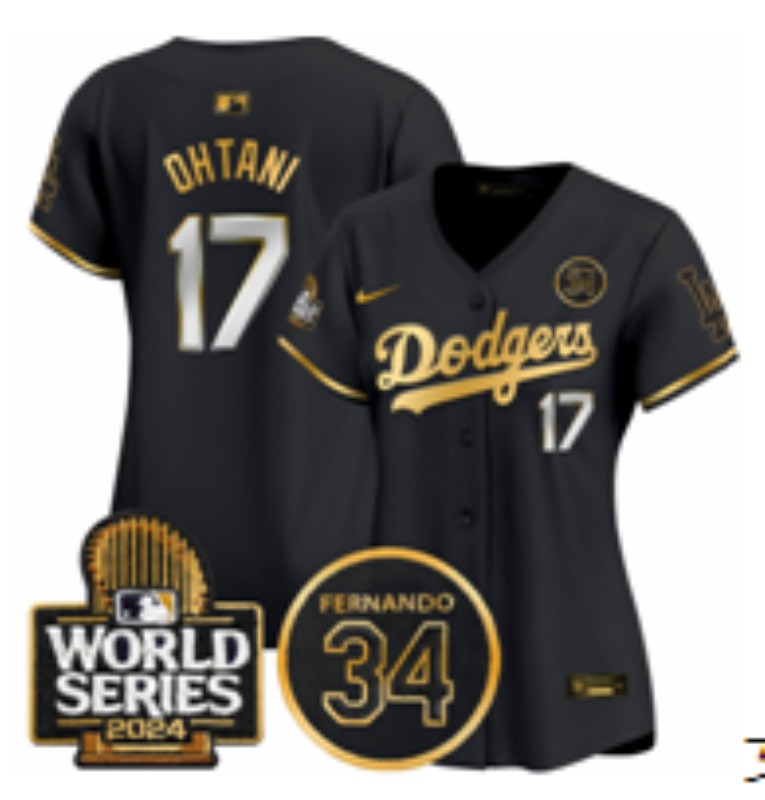 Women's Los Angeles Dodgers #17 Shohei Ohtani Black Gold 2024 World Series With Fernando Memorial Patch Limited Stitched Baseball Jersey