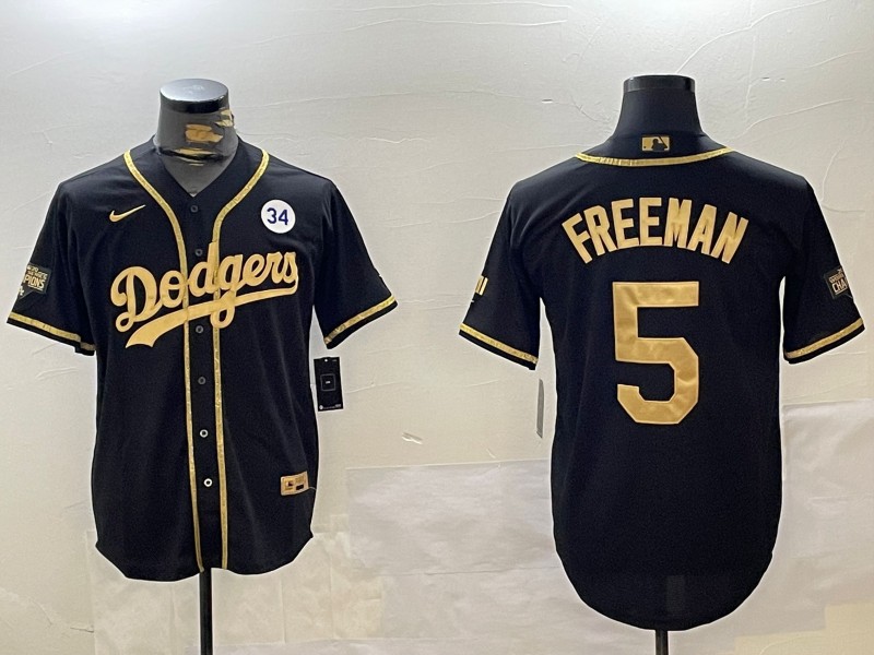 Men's Los Angeles Dodgers #5 Freddie Freeman Black Gold 2024 World Series Champions With NO. 34 Patch Limited Stitched Baseball Jersey