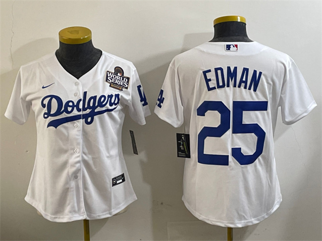 Youth Los Angeles Dodgers #25 Tommy Edman White 2024 World Series Cool Base Stitched Baseball Jersey