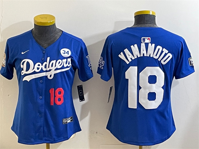 Youth Los Angeles Dodgers #18 Yoshinobu Yamamoto Royal 2024 World Series With No. 34 Patch Alternate Limited Stitched Baseball Jersey