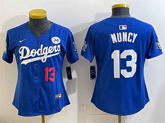 Youth Los Angeles Dodgers #13 Max Muncy Royal 2024 World Series With No. 34 Patch Alternate Limited Stitched Baseball Jersey